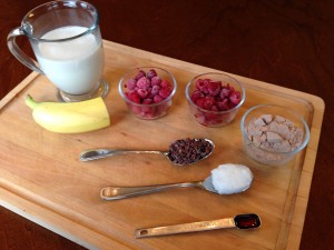 Ingredients for raspberry chocolate smoothie