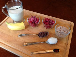 Ingredients for raspberry chocolate smoothie